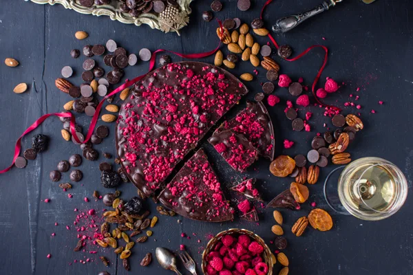 Dark chocolate cake filled with almonds, prunes, apricots, raisins, gooseberries and vine